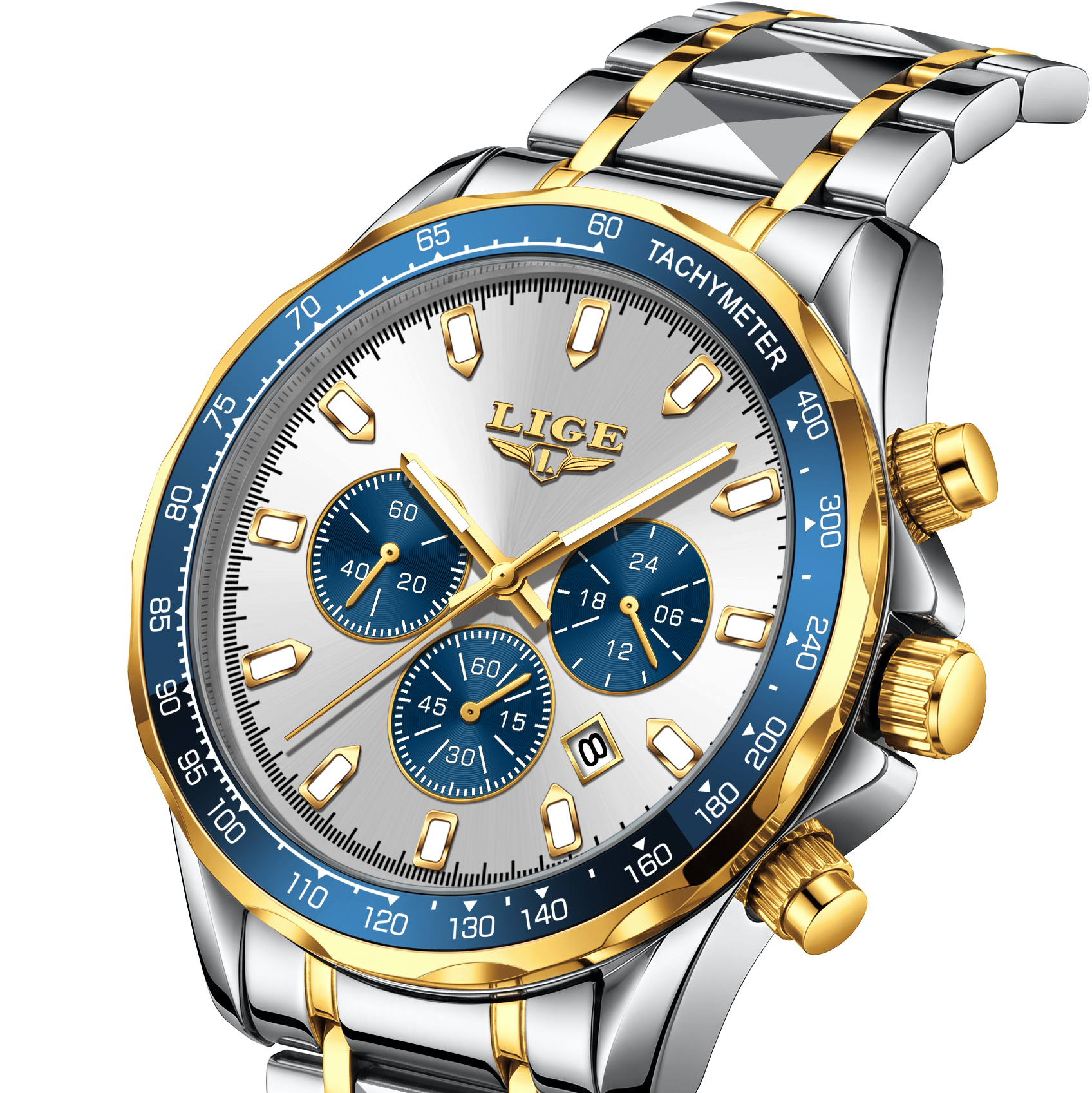 A luxury chronograph watch with a silver and gold-tone two-tone stainless steel link bracelet, a silver dial with blue subdials, and a blue tachymeter bezel.