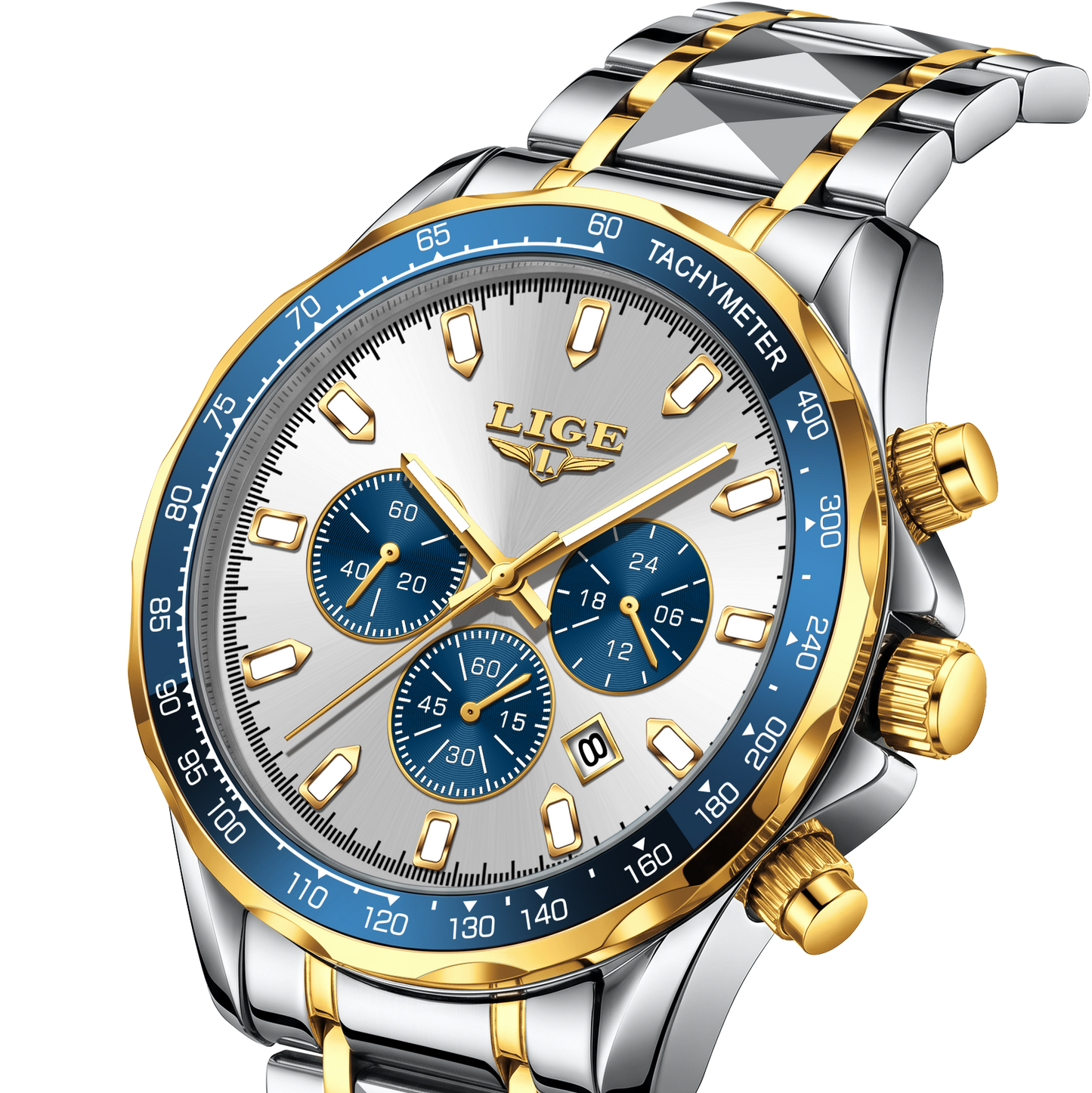A luxury chronograph watch with a silver and gold-tone two-tone stainless steel link bracelet, a silver dial with blue subdials, and a blue tachymeter bezel.