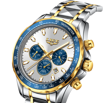 A luxury chronograph watch with a silver and gold-tone two-tone stainless steel link bracelet, a silver dial with blue subdials, and a blue tachymeter bezel.