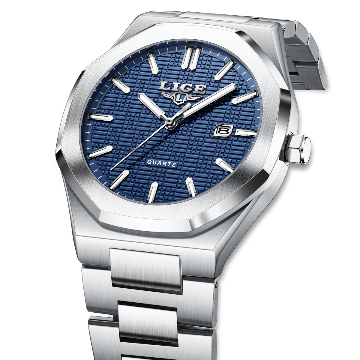 Silver watch with blue dial on a white background, featuring the brand 'LIGE'.
